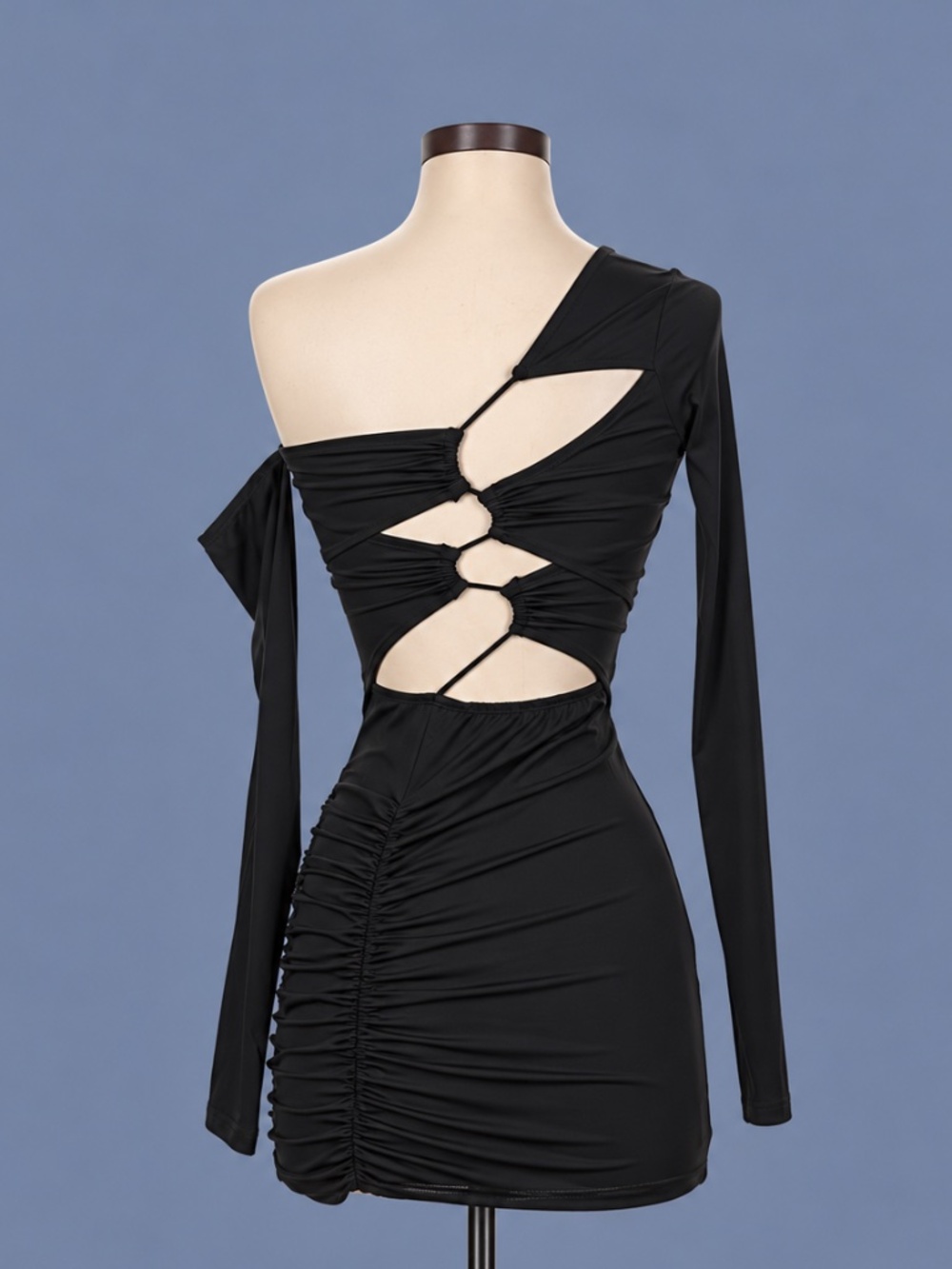 SOLADO Black Cutout Ruched One Shoulder Mini Dress – Size XS NWT